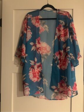 Hawaiian Blue Floral Sheer Kimono Cover Up - S